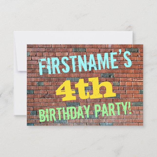 Brick Wall Graffiti Inspired 4th Birthday + Name Invitation (Front)