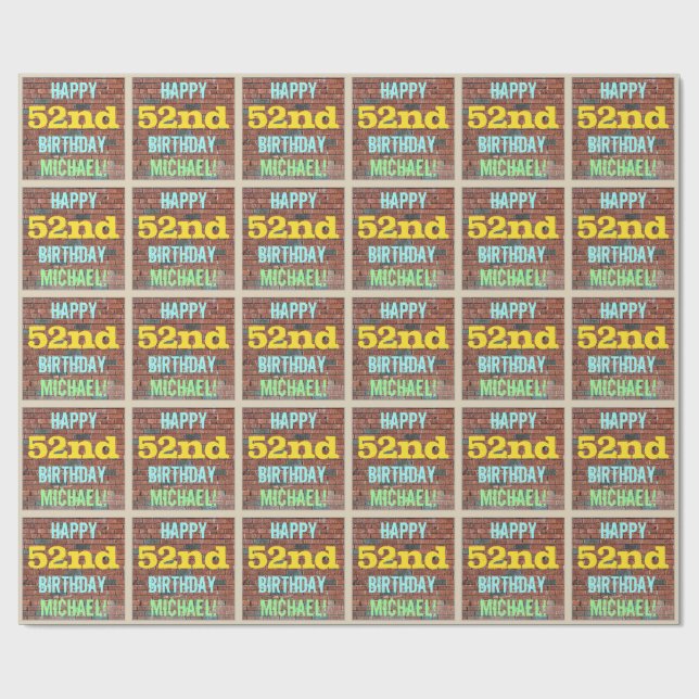 Brick Wall Graffiti Inspired 52nd Birthday + Name Wrapping Paper (Flat)
