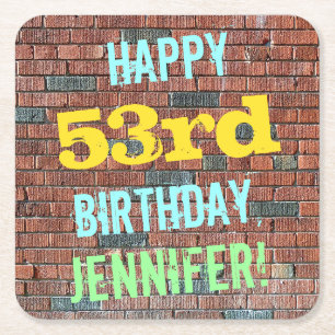 Brick Wall Graffiti Inspired 53rd Birthday + Name Square Paper Coaster