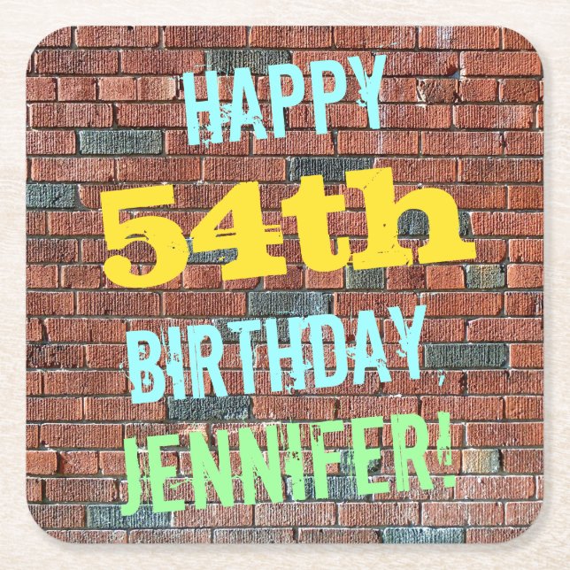 Brick Wall Graffiti Inspired 54th Birthday + Name Square Paper Coaster (Front)