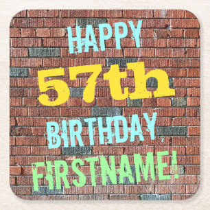 Brick Wall Graffiti Inspired 57th Birthday + Name Square Paper Coaster