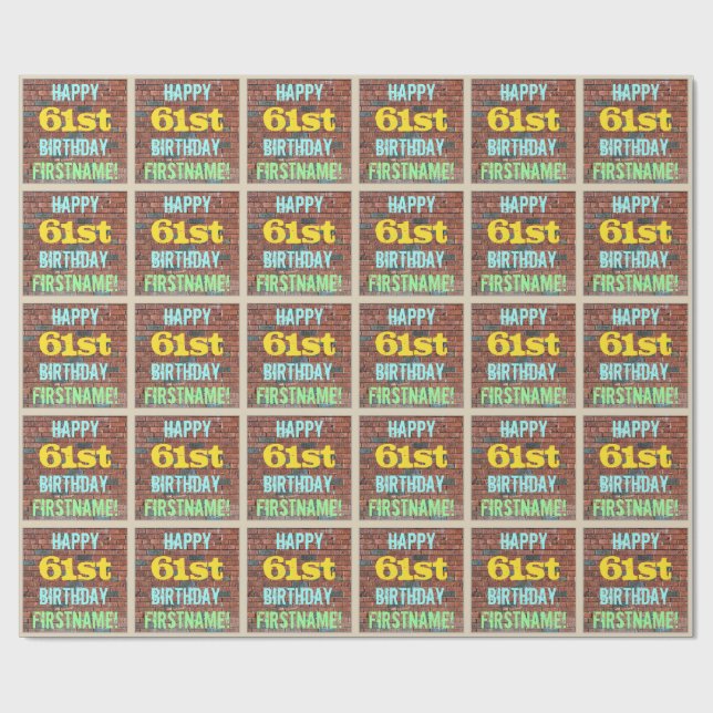 Brick Wall Graffiti Inspired 61st Birthday + Name Wrapping Paper (Flat)