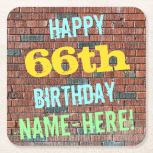Brick Wall Graffiti Inspired 66th Birthday + Name Square Paper Coaster