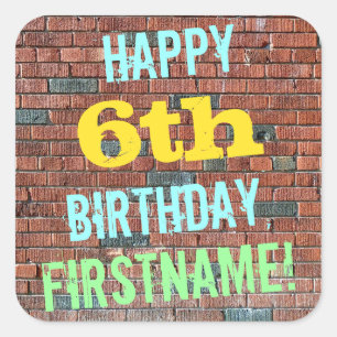 Brick Wall Graffiti Inspired 6th Birthday + Name Square Sticker