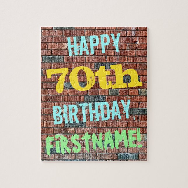Brick Wall Graffiti Inspired 70th Birthday + Name Jigsaw Puzzle (Vertical)