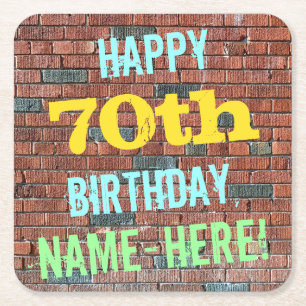 Brick Wall Graffiti Inspired 70th Birthday + Name Square Paper Coaster