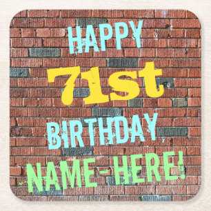 Brick Wall Graffiti Inspired 71st Birthday + Name Square Paper Coaster