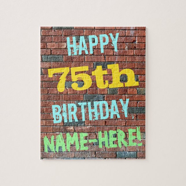 Brick Wall Graffiti Inspired 75th Birthday + Name Jigsaw Puzzle (Vertical)