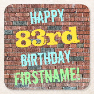 Brick Wall Graffiti Inspired 83rd Birthday + Name Square Paper Coaster