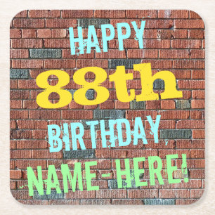 Brick Wall Graffiti Inspired 88th Birthday + Name Square Paper Coaster