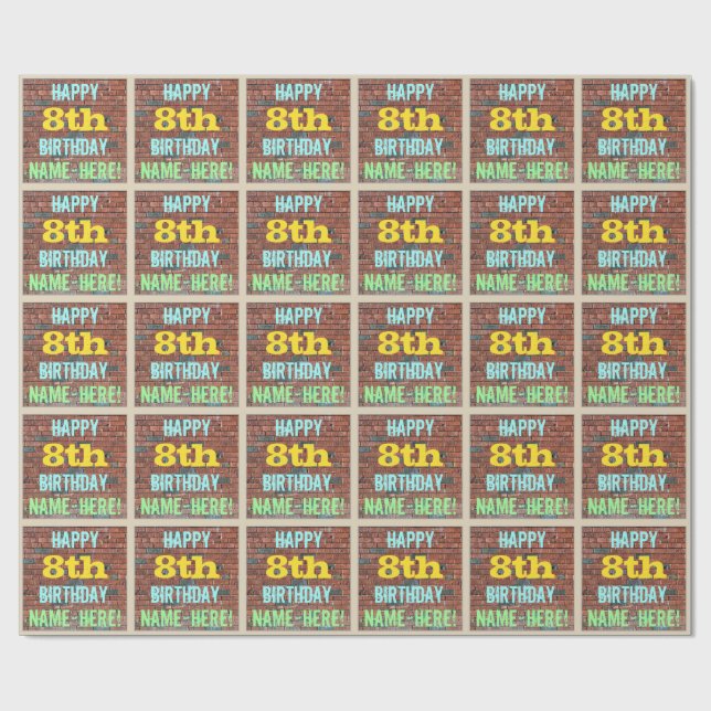 Brick Wall Graffiti Inspired 8th Birthday + Name Wrapping Paper (Flat)