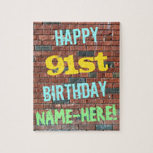 Brick Wall Graffiti Inspired 91st Birthday + Name Jigsaw Puzzle