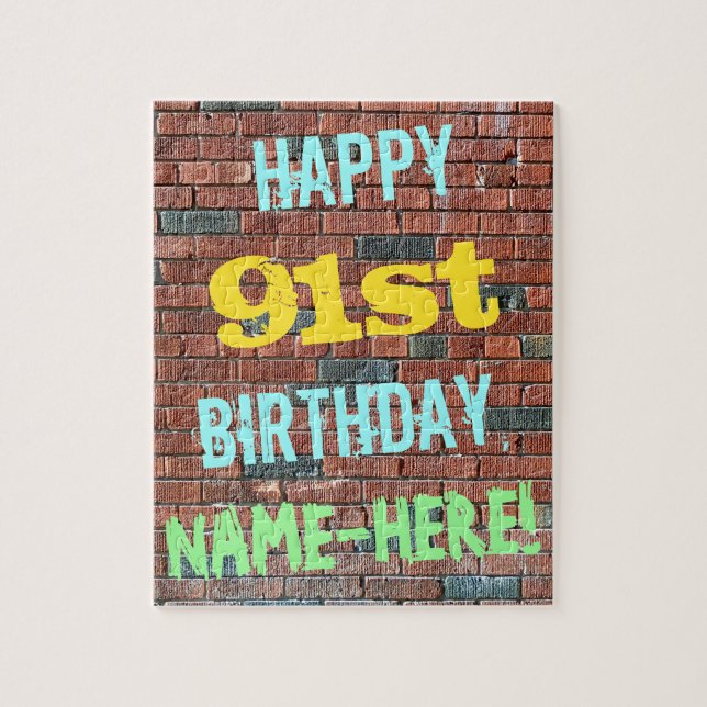 Brick Wall Graffiti Inspired 91st Birthday + Name Jigsaw Puzzle (Vertical)