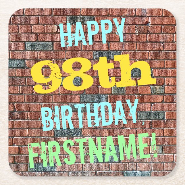 Brick Wall Graffiti Inspired 98th Birthday + Name Square Paper Coaster (Front)