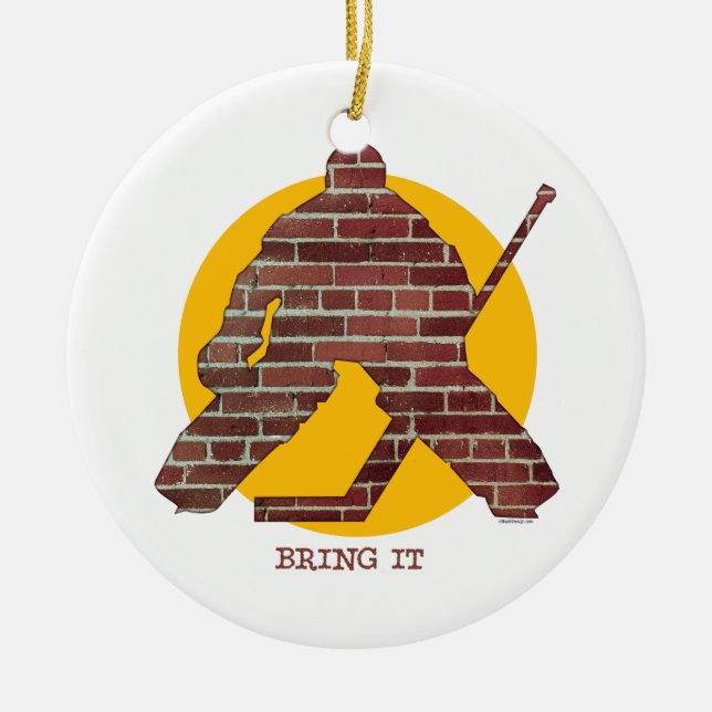 Brick Wall Hockey Goalie Ceramic Tree Decoration (Front)