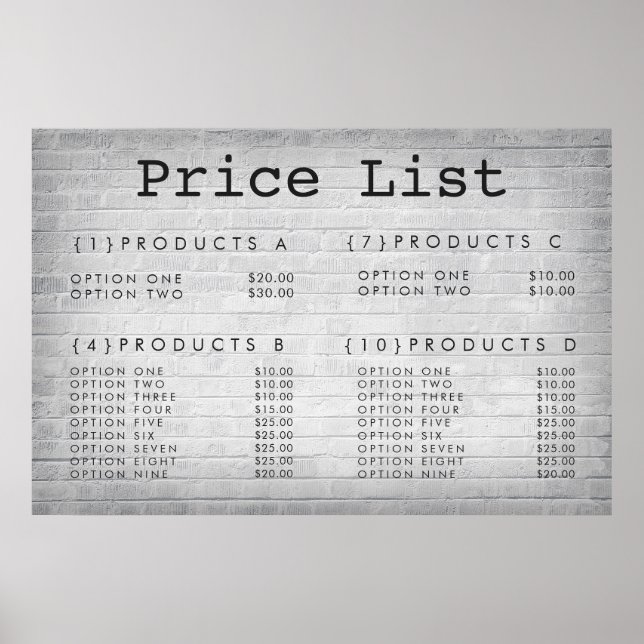 Brick Wall Service Price Menu Custom Printed Poster (Front)