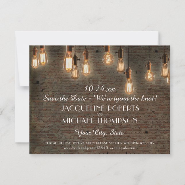 Bricks and Edison Lights Save the Date Postcard  (Front)