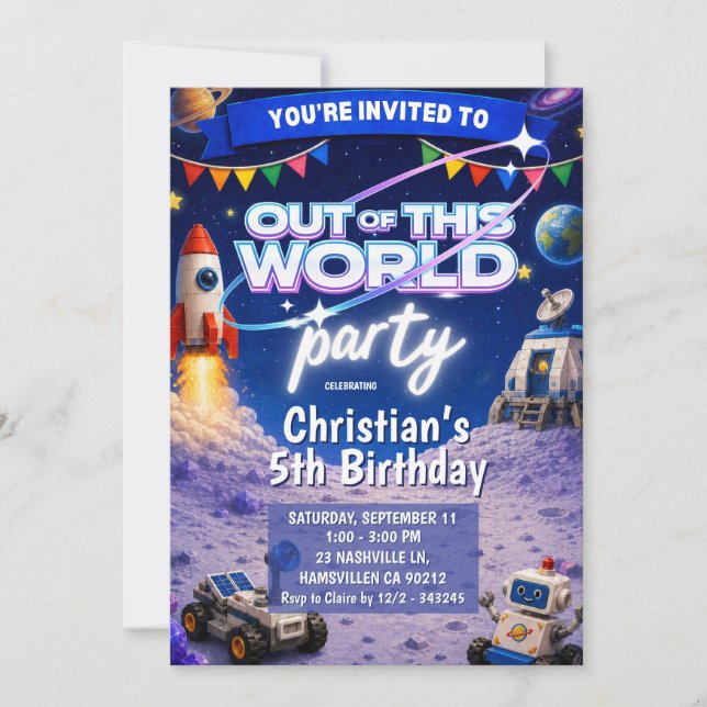 Bricks Out of this world space birthday invitation (Front)