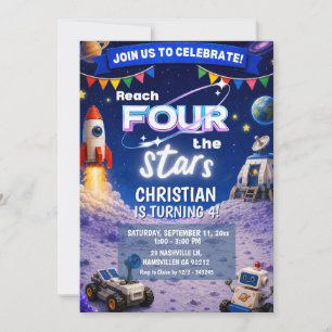 Bricks Reach FOUR the stars space birthday invitat Invitation