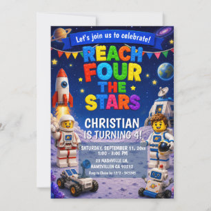 Bricks Reach FOUR the stars space birthday invitat Invitation