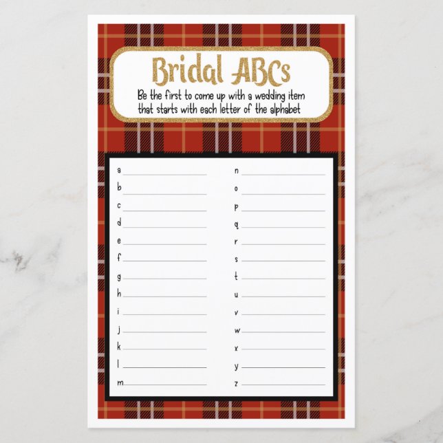Bridal ABC Flannel and Frost Bridal Shower Game (Front)