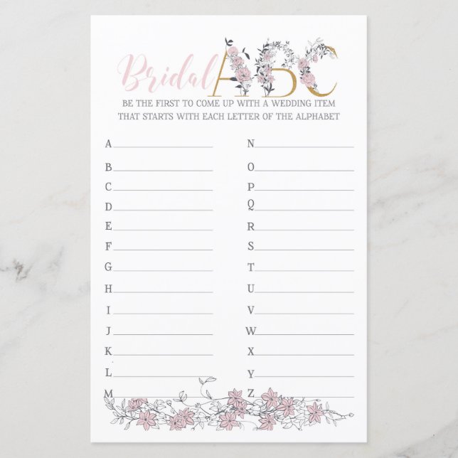 Bridal ABCs Botanical Bridal Shower Game (Front)