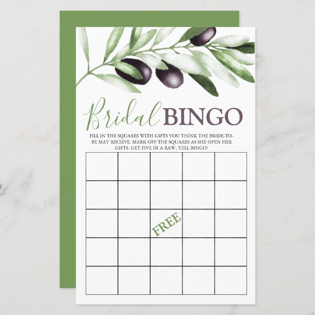 Bridal Bingo Olive Branch Bridal Shower Game  (Front/Back)