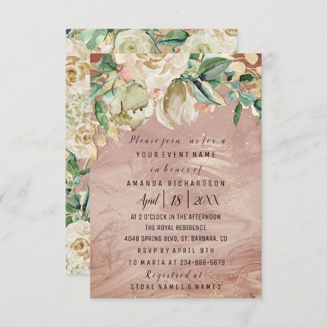 Bridal Birthday Flower Gold Mint Rose Marble Frame Invitation (Front/Back)