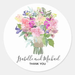 Bridal Bouquet Personalised Wedding Thank You Classic Round Sticker