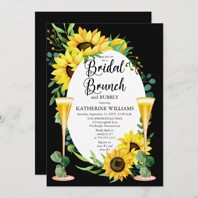 Bridal Brunch Bubbly Sunflowers Eucalyptus Floral Invitation (Front/Back)