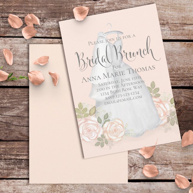 Bridal Brunch Elegant Wedding Dress Blush Floral  Invitation (Creator Uploaded)