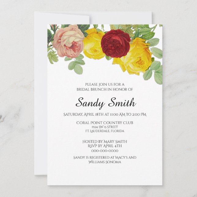 Bridal Brunch with Pretty Roses Floral  Invitation (Front)