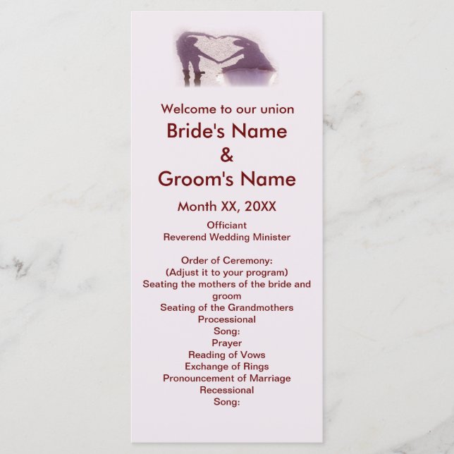 Bridal Couple Silhouette Heart in Sand Wedding Program (Front)