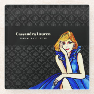 Bridal Dark Royal Blue Cocktail Gown Black Damask Glass Coaster