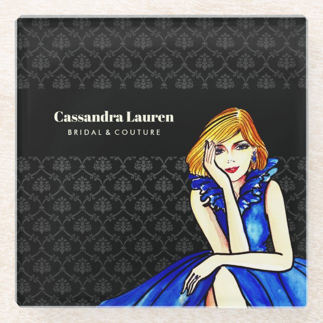 Bridal Dark Royal Blue Cocktail Gown Black Damask Glass Coaster (Front)