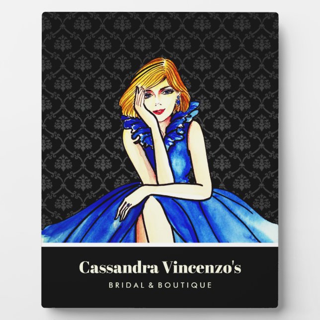 Bridal Dark Royal Blue Cocktail Gown Black Damask Plaque (Front)