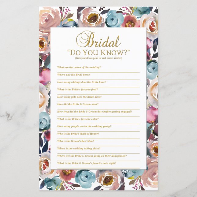 Bridal Do You Know Shower Game, Bridal Shower Game (Front)