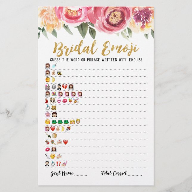 Bridal emoji game with Answers Bridal shower game (Front)