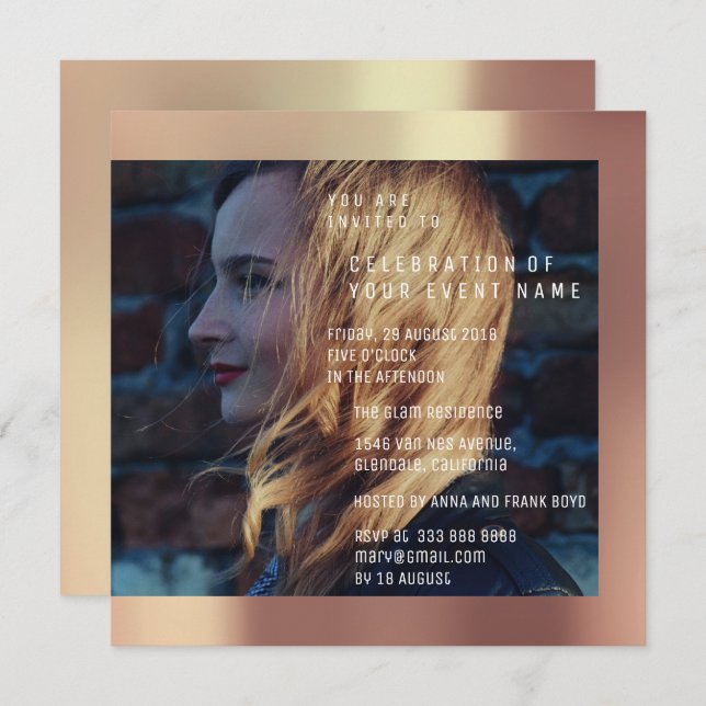 Bridal Foto Graduation Birthday Copper Metallic Invitation (Front/Back)