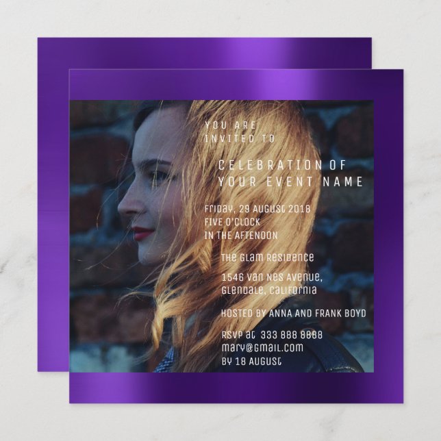 Bridal Foto Graduation Birthday Plum Metallic Invitation (Front/Back)