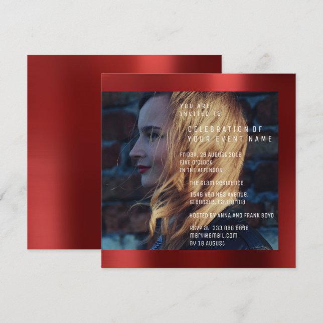 Bridal Foto Graduation Birthday Ruby Red Metallic Invitation (Front/Back)