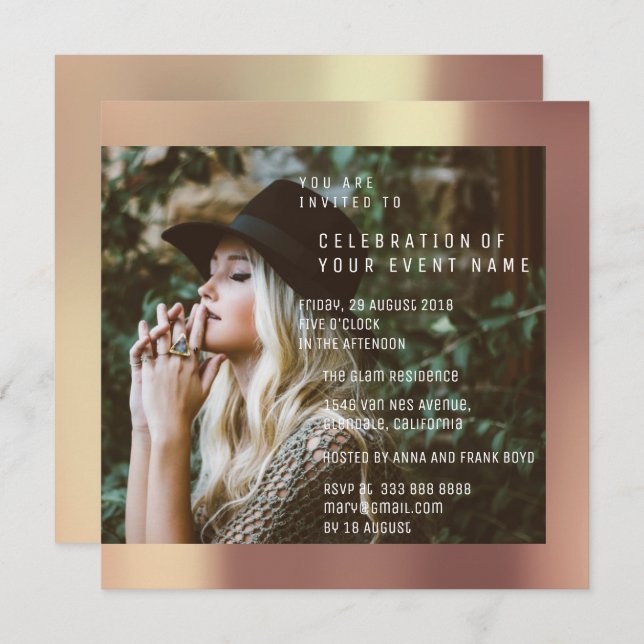 Bridal Foto Graduation Party Copper Rose Metallic Invitation (Front/Back)