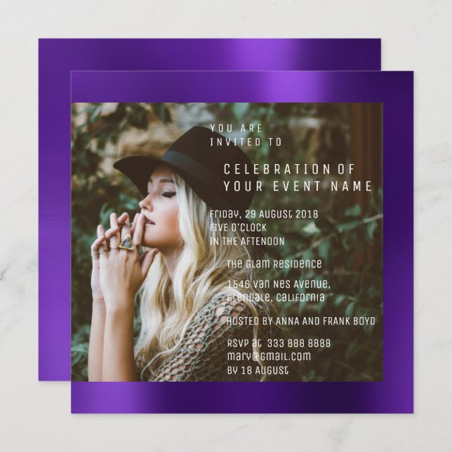 Bridal Foto Graduation Party Purple Plum Metallic Invitation (Front/Back)