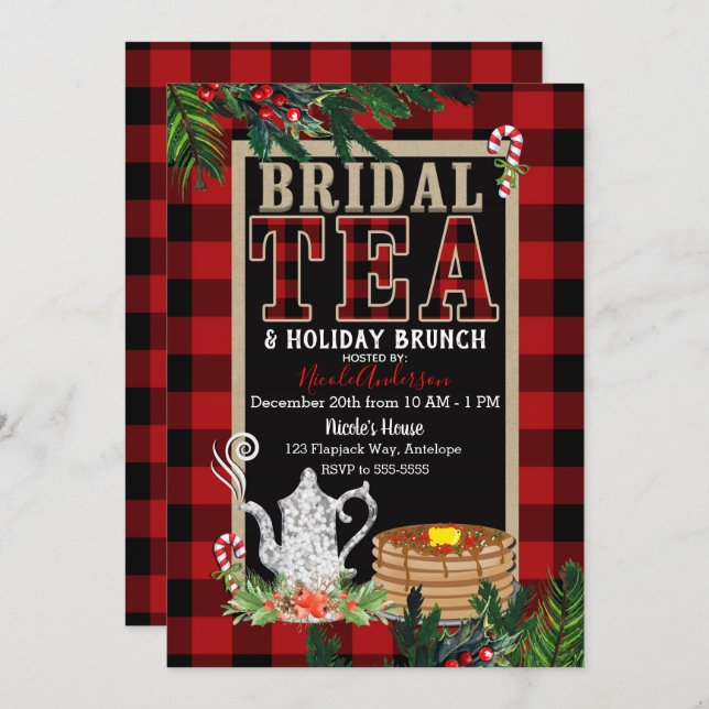 Bridal Holiday Tea & Brunch Elegant Rustic Plaid Invitation (Front/Back)