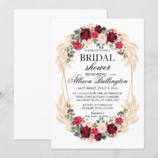 Bridal invitation marsala peony rose pampas grass