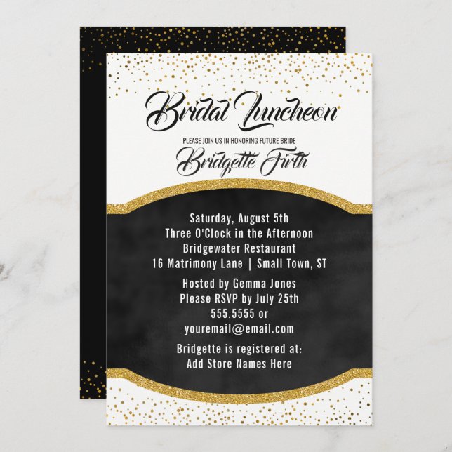 Bridal Luncheon | Black Gold Glitter Bridal Shower Invitation (Front/Back)