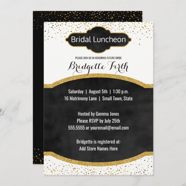 Bridal Luncheon | Black Gold Glitter Bridal Shower Invitation (Front/Back)