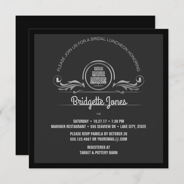 Bridal Luncheon Black Silver Wedding Bridal Shower Invitation (Front/Back)