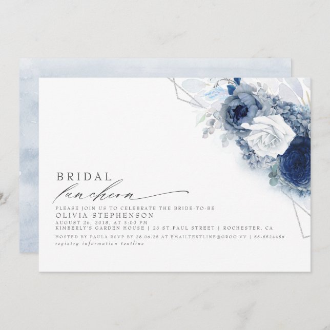 Bridal Luncheon Dusty Blue Floral Bridal Shower In Invitation (Front/Back)