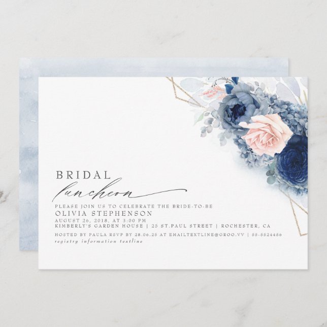Bridal Luncheon Dusty Blue Pink Bridal Shower Invitation (Front/Back)